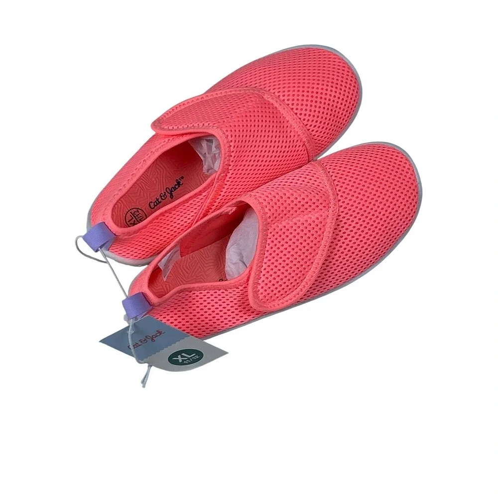 Cat & Jack Kids Neon Coral Pink Mesh‎ Water Shoes XL 11/12 Hook Loop Slip On